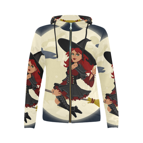Funny Witch and Cat All Over Print Full Zip Hoodie for Women (Model H14)