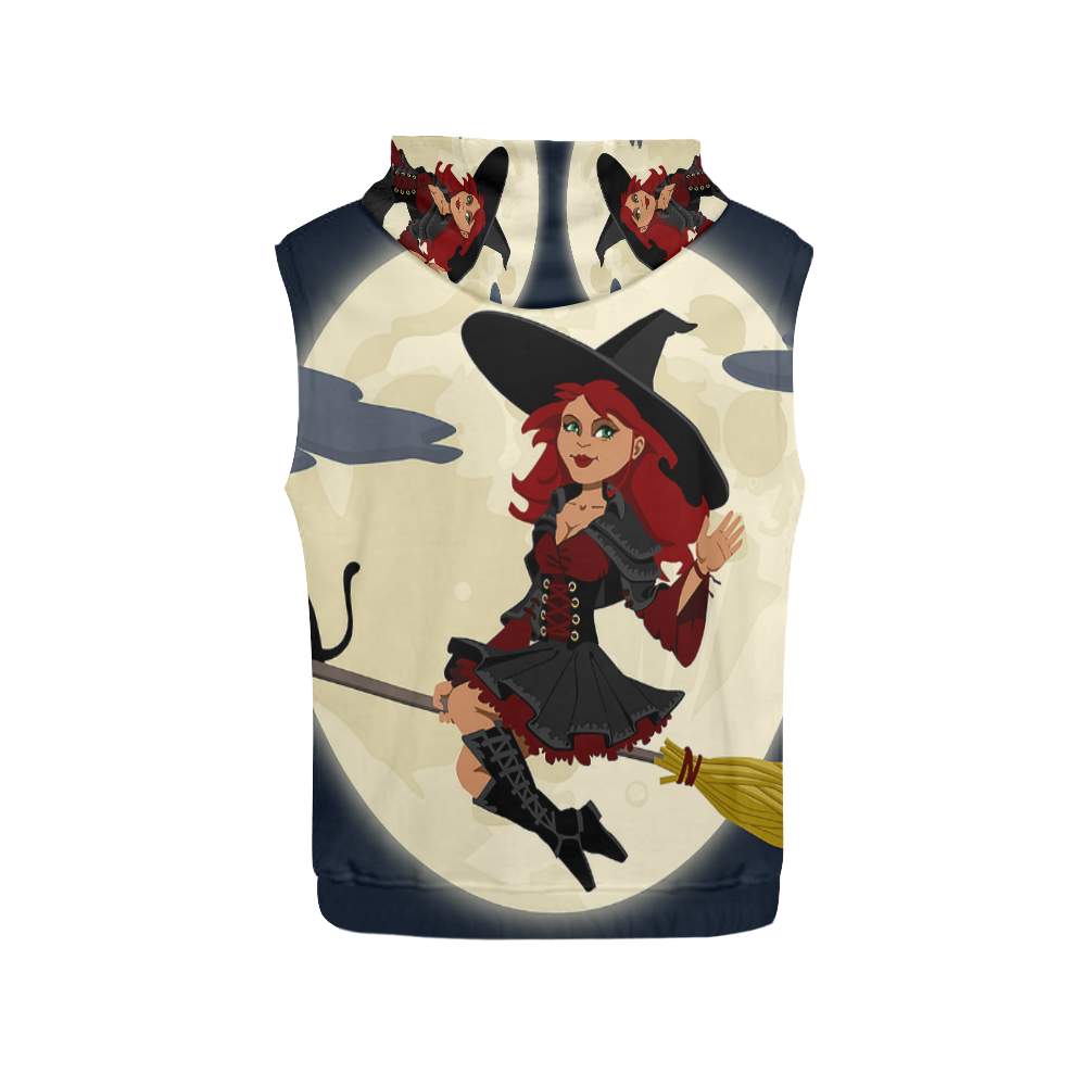 Funny Witch and Cat All Over Print Sleeveless Hoodie for Men (Model H15)