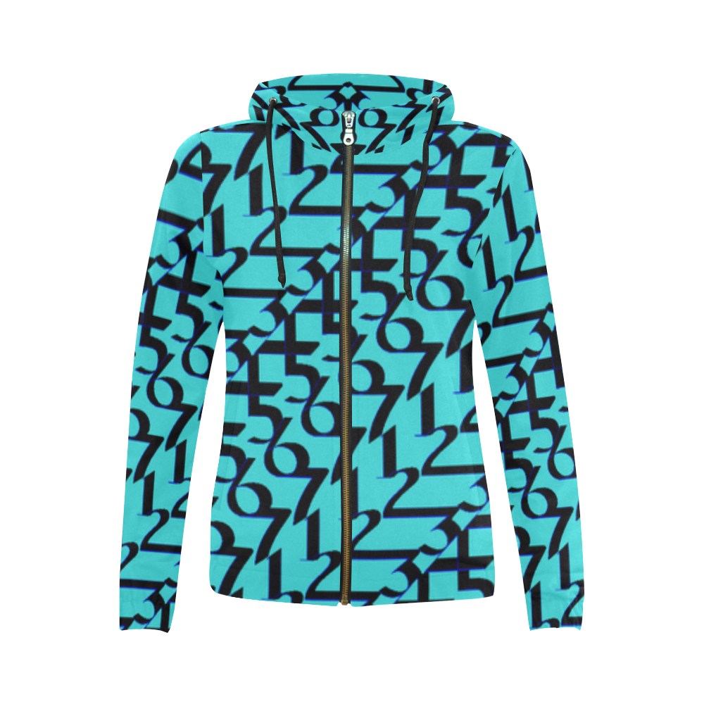 NUMBERS Collection Women 1234567 Hoodie grn All Over Print Full Zip Hoodie for Women (Model H14)
