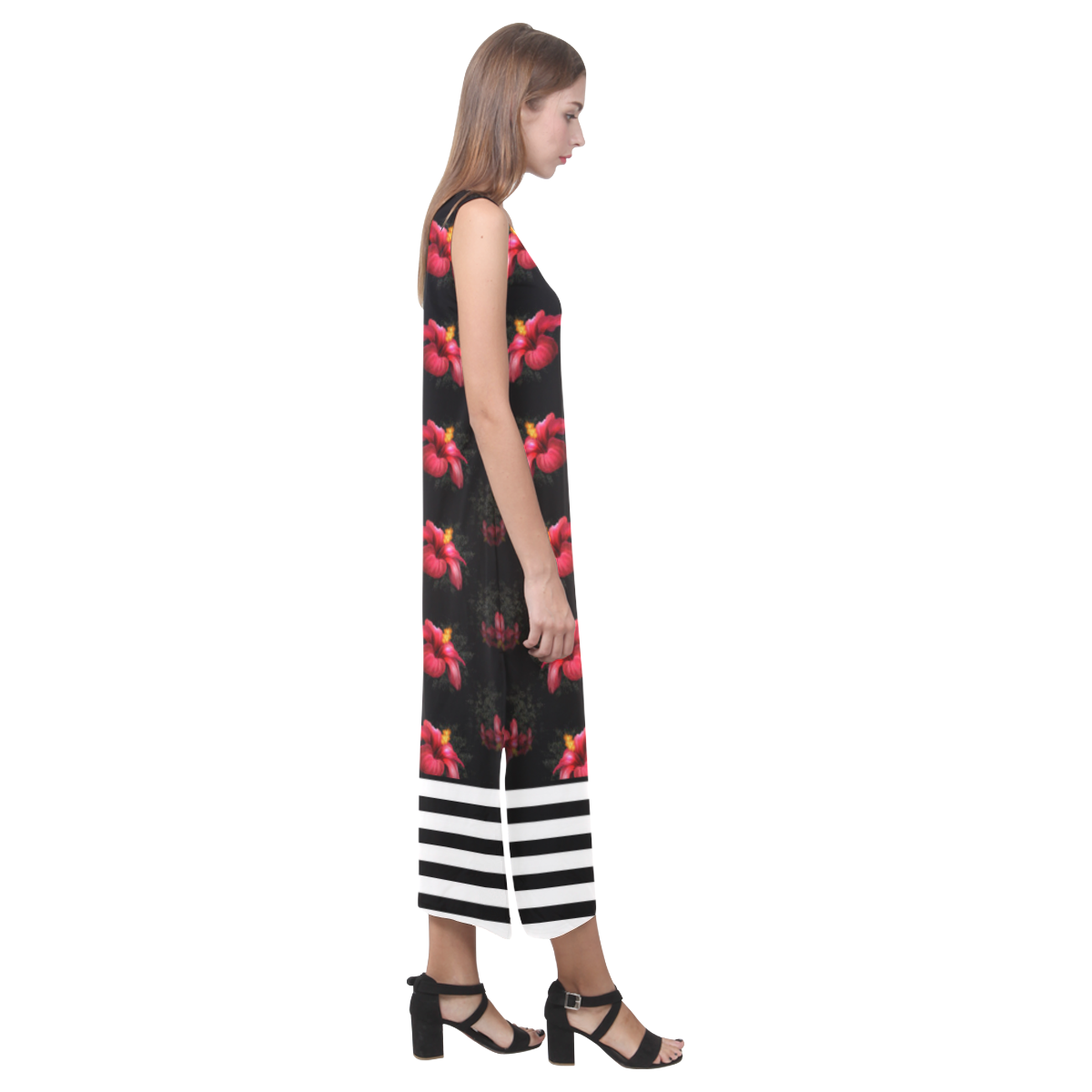 Red Hibiscus With Black & White Stripes Phaedra Sleeveless Open Fork Long Dress (Model D08)