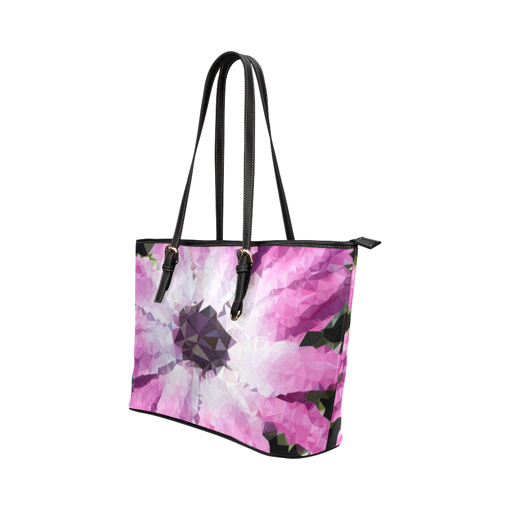 Pink Flower Floral Geometric Triangles Leather Tote Bag/Large (Model 1651)