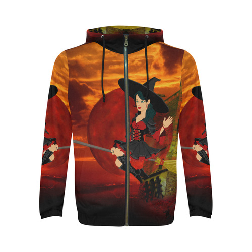 Witch and Red Moon All Over Print Full Zip Hoodie for Men (Model H14)