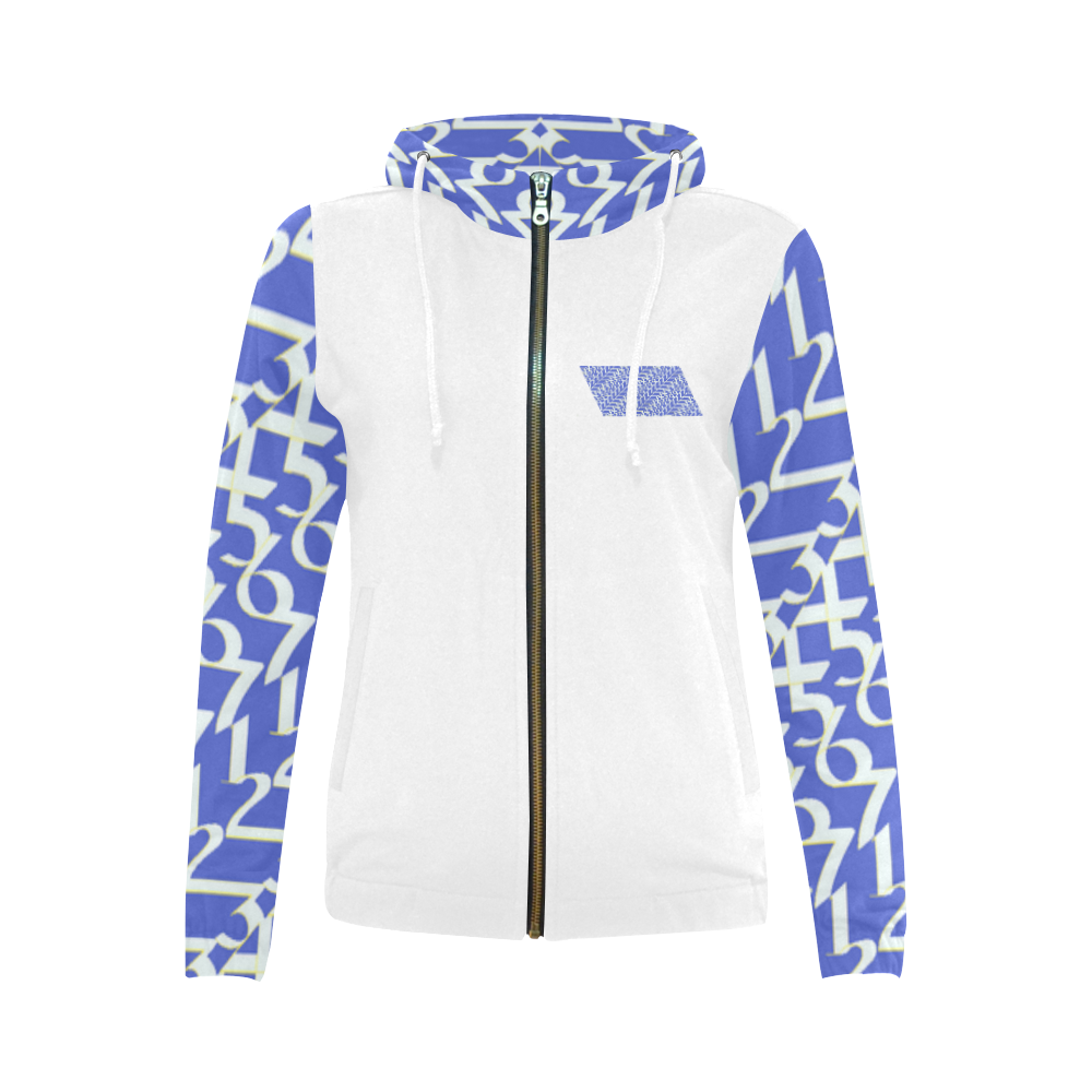 NUMBERS Collection Women 1234567 Hoodie Logo wht/powder blu All Over Print Full Zip Hoodie for Women (Model H14)