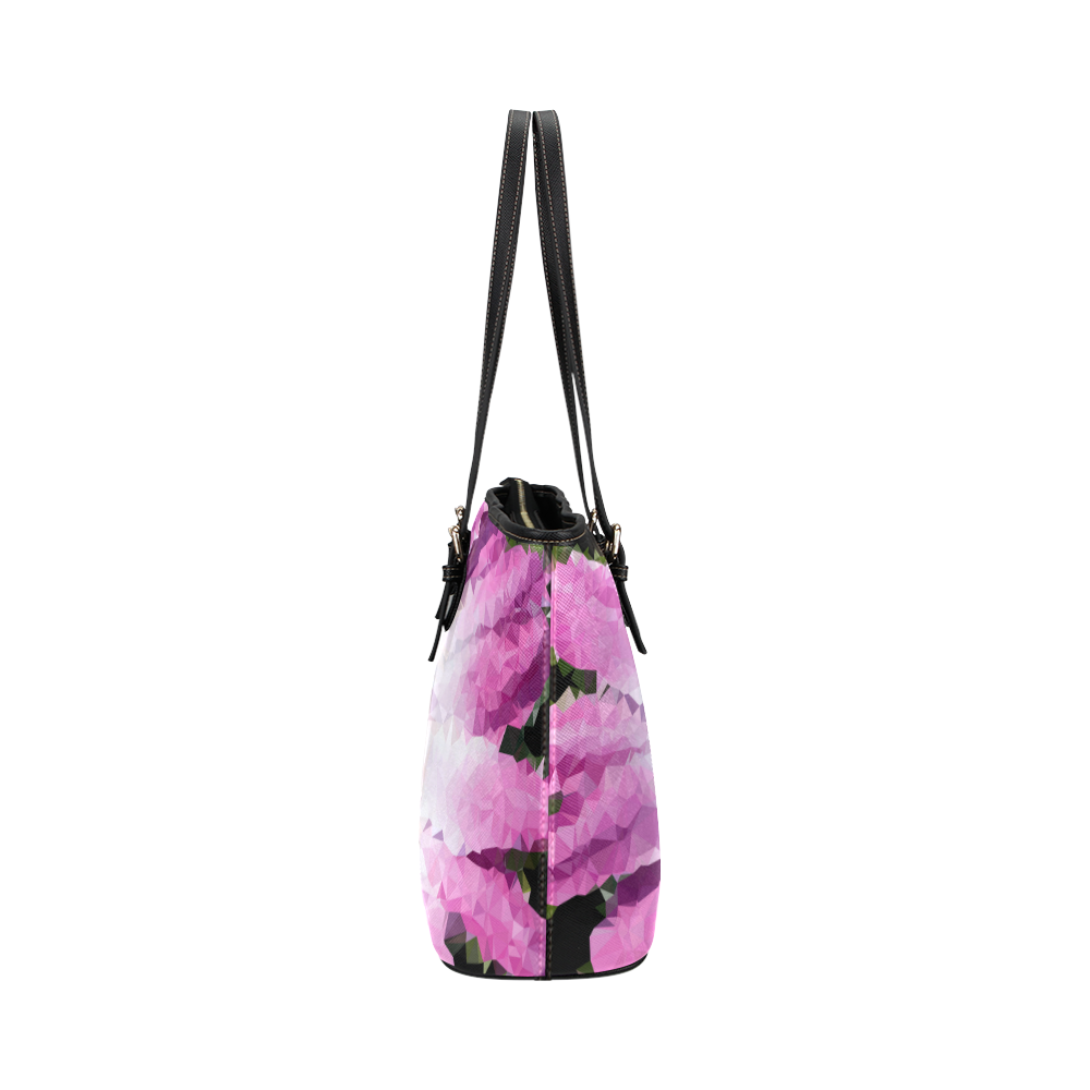 Pink Flower Floral Geometric Triangles Leather Tote Bag/Large (Model 1651)