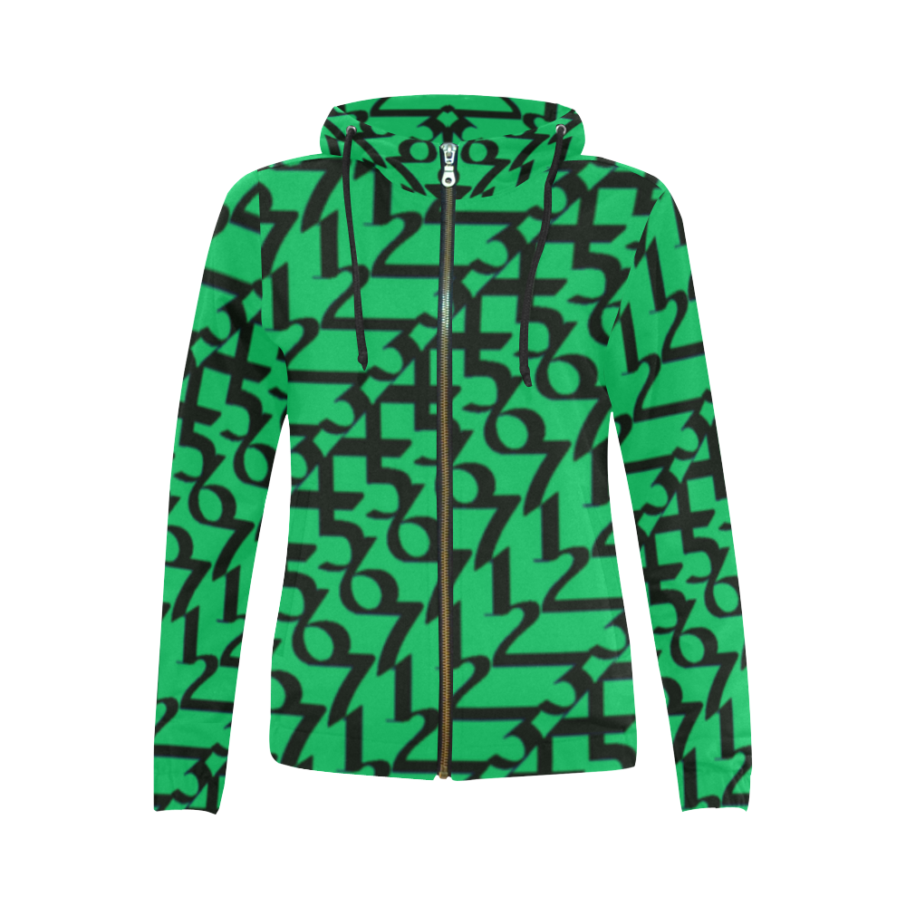 NUMBERS Collection Women 1234567 Hoodie sour grn All Over Print Full Zip Hoodie for Women (Model H14)