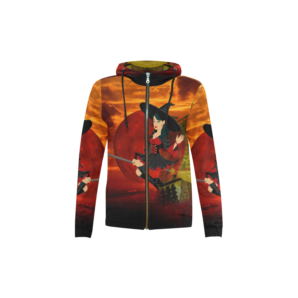 Witch and Red Moon All Over Print Full Zip Hoodie for Kid (Model H14)