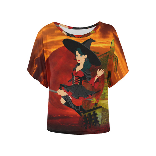 Witch and Red Moon Women's Batwing-Sleeved Blouse T shirt (Model T44)