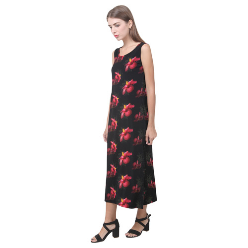 Wonderful Red Hibiscus Phaedra Sleeveless Open Fork Long Dress (Model D08)
