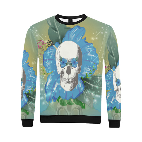 Funny skull with blue flowers All Over Print Crewneck Sweatshirt for Men/Large (Model H18)