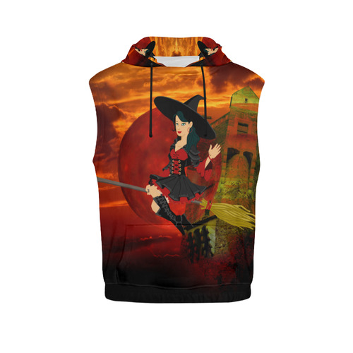 Witch and Red Moon All Over Print Sleeveless Hoodie for Men (Model H15)