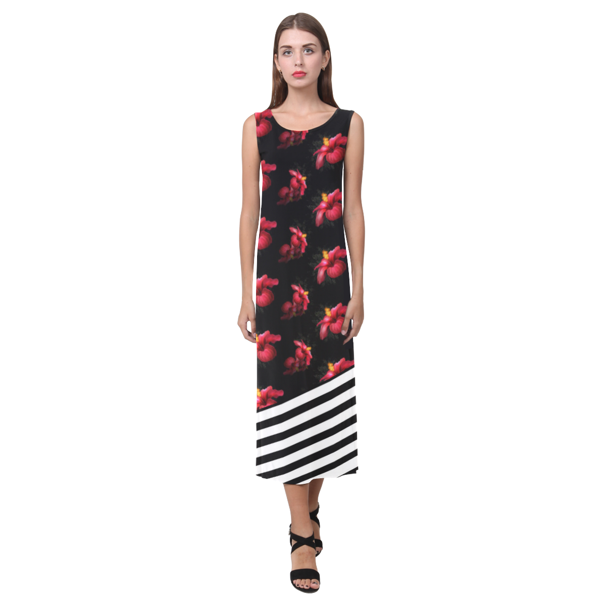 Red Hibiscus With Black & White Stripes Phaedra Sleeveless Open Fork Long Dress (Model D08)