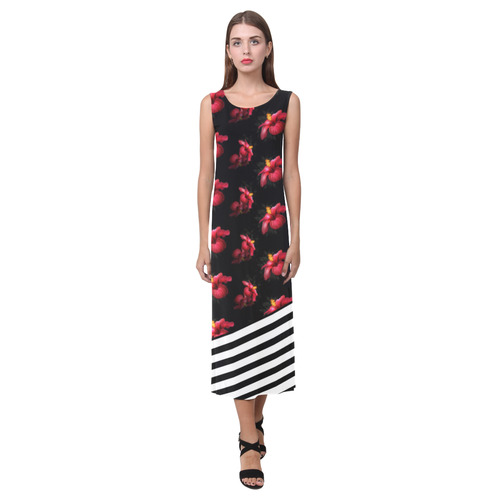 Red Hibiscus With Black & White Stripes Phaedra Sleeveless Open Fork Long Dress (Model D08)