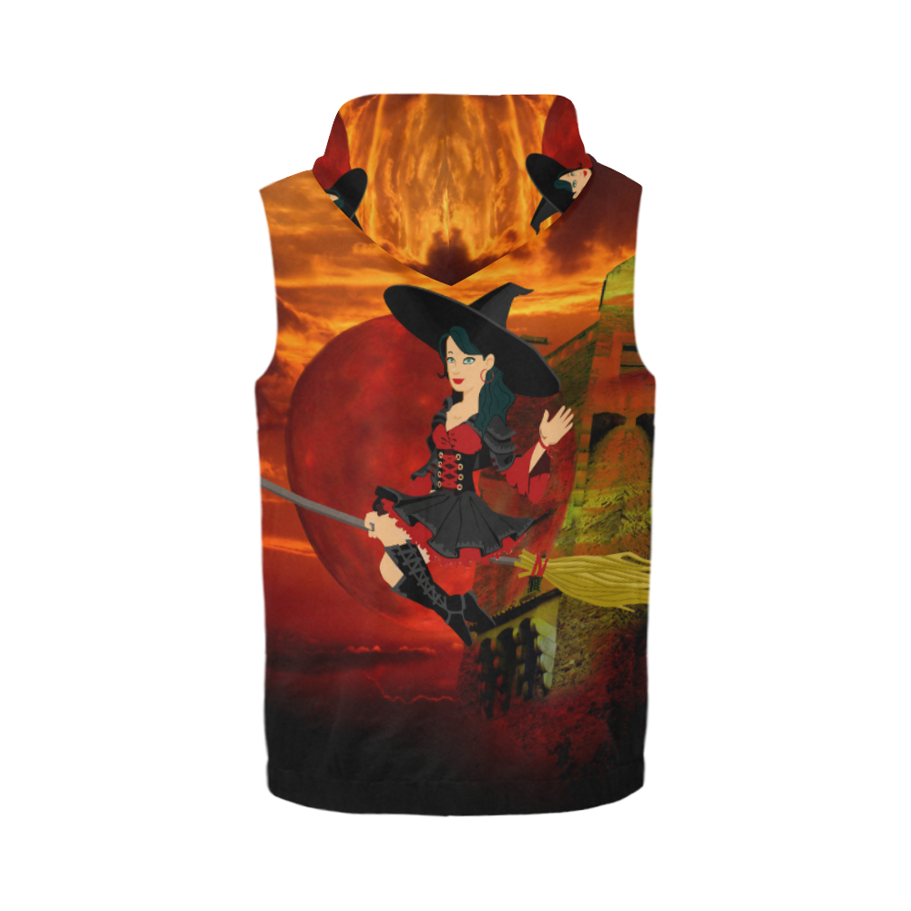 Witch and Red Moon All Over Print Sleeveless Zip Up Hoodie for Men (Model H16)