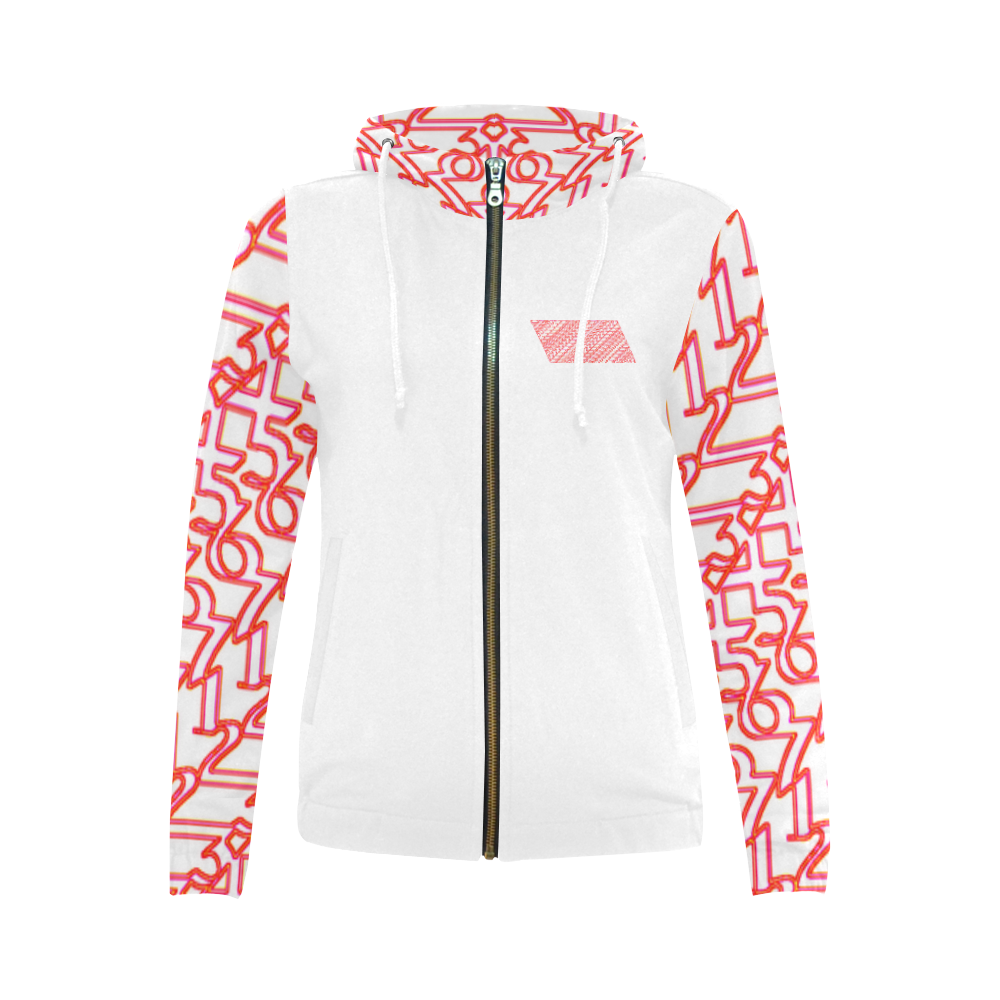 NUMBERS Collection Women 1234567 Hoodie Logo wht/red/pink All Over Print Full Zip Hoodie for Women (Model H14)
