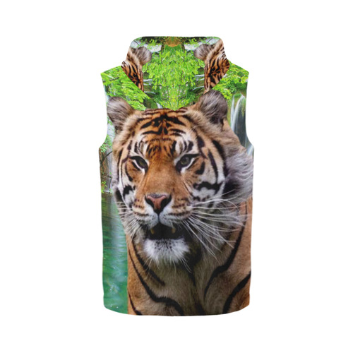 Tiger and Waterfall All Over Print Sleeveless Zip Up Hoodie for Men (Model H16)