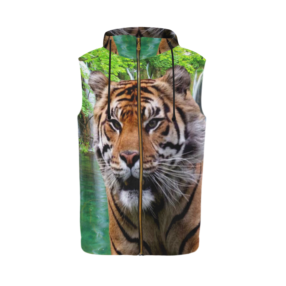 Tiger and Waterfall All Over Print Sleeveless Zip Up Hoodie for Men (Model H16)