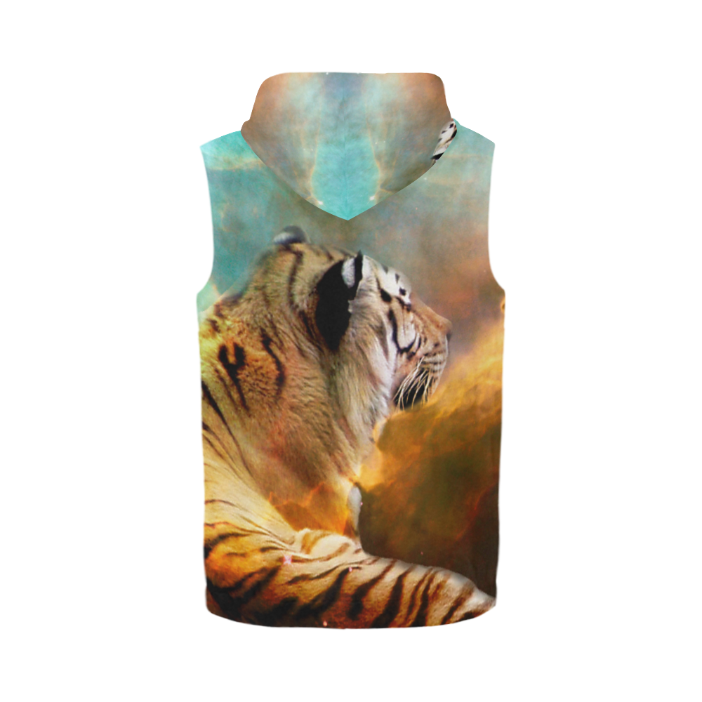 Tiger and Nebula All Over Print Sleeveless Zip Up Hoodie for Men (Model H16)
