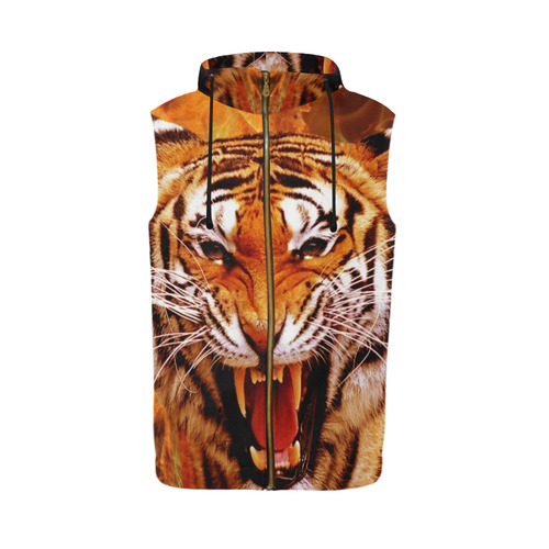 Tiger and Flame All Over Print Sleeveless Zip Up Hoodie for Men (Model H16)
