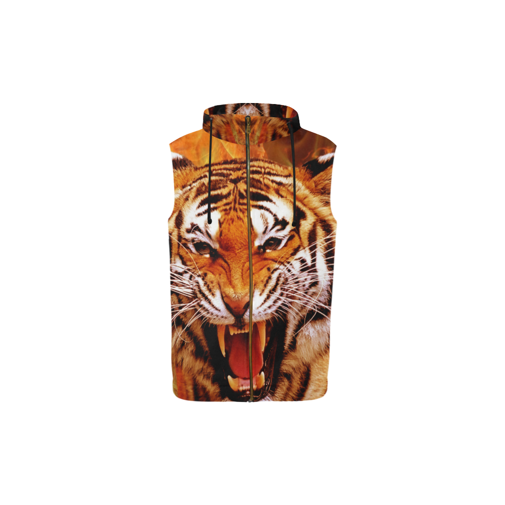 Tiger and Flame All Over Print Sleeveless Zip Up Hoodie for Kid (Model H16)