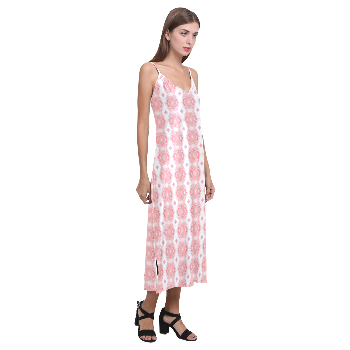 pink double diamond stripe V-Neck Open Fork Long Dress(Model D18)