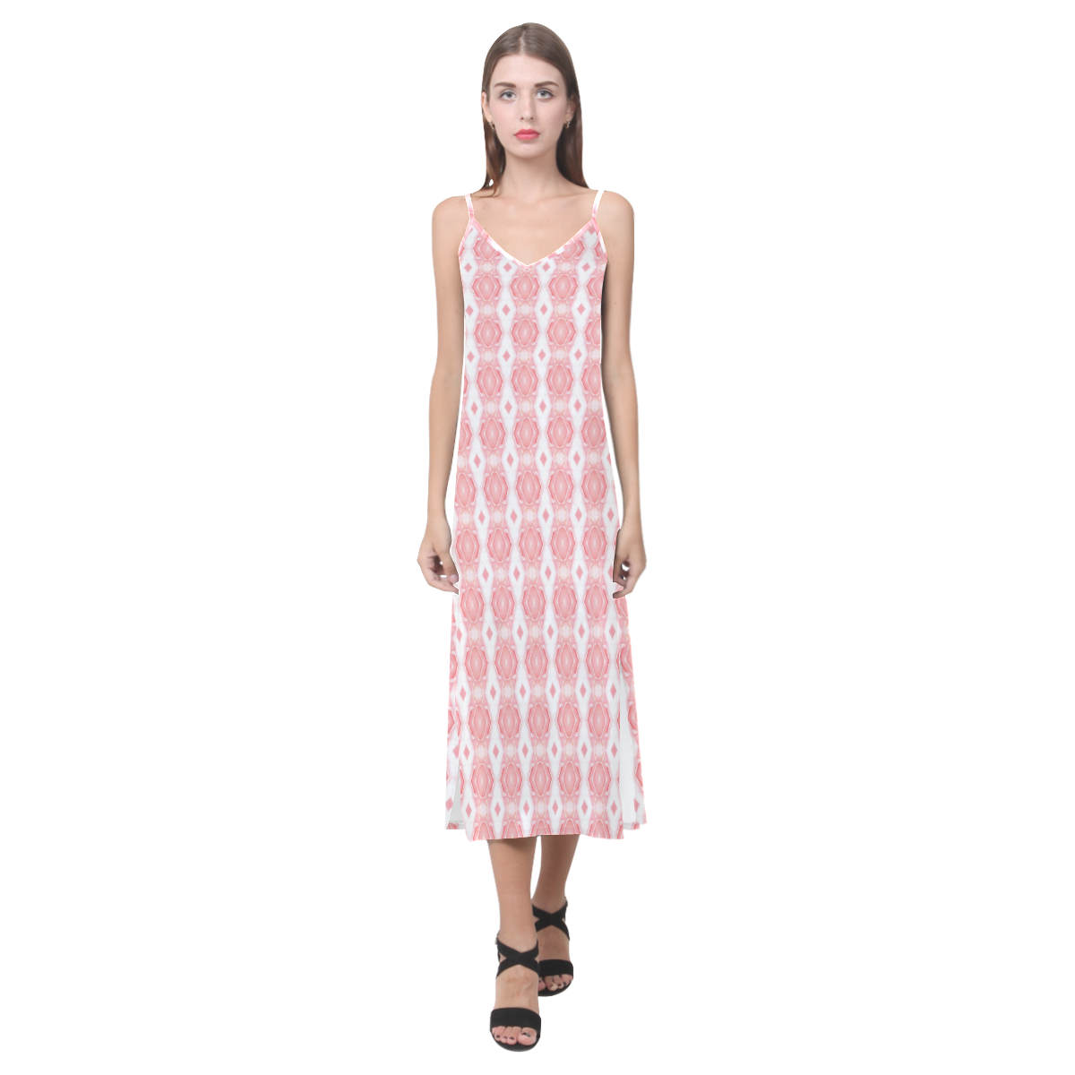 pink double diamond stripe V-Neck Open Fork Long Dress(Model D18)