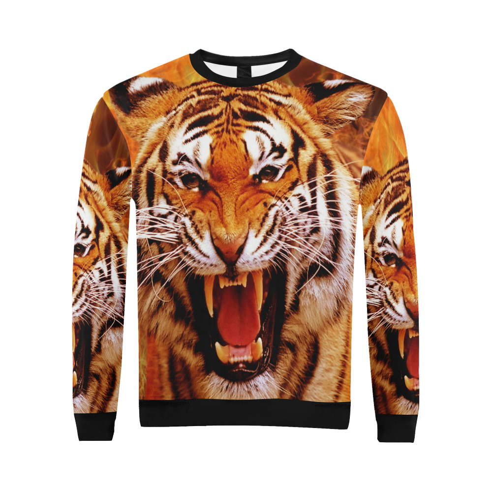 Tiger and Flame All Over Print Crewneck Sweatshirt for Men (Model H18)