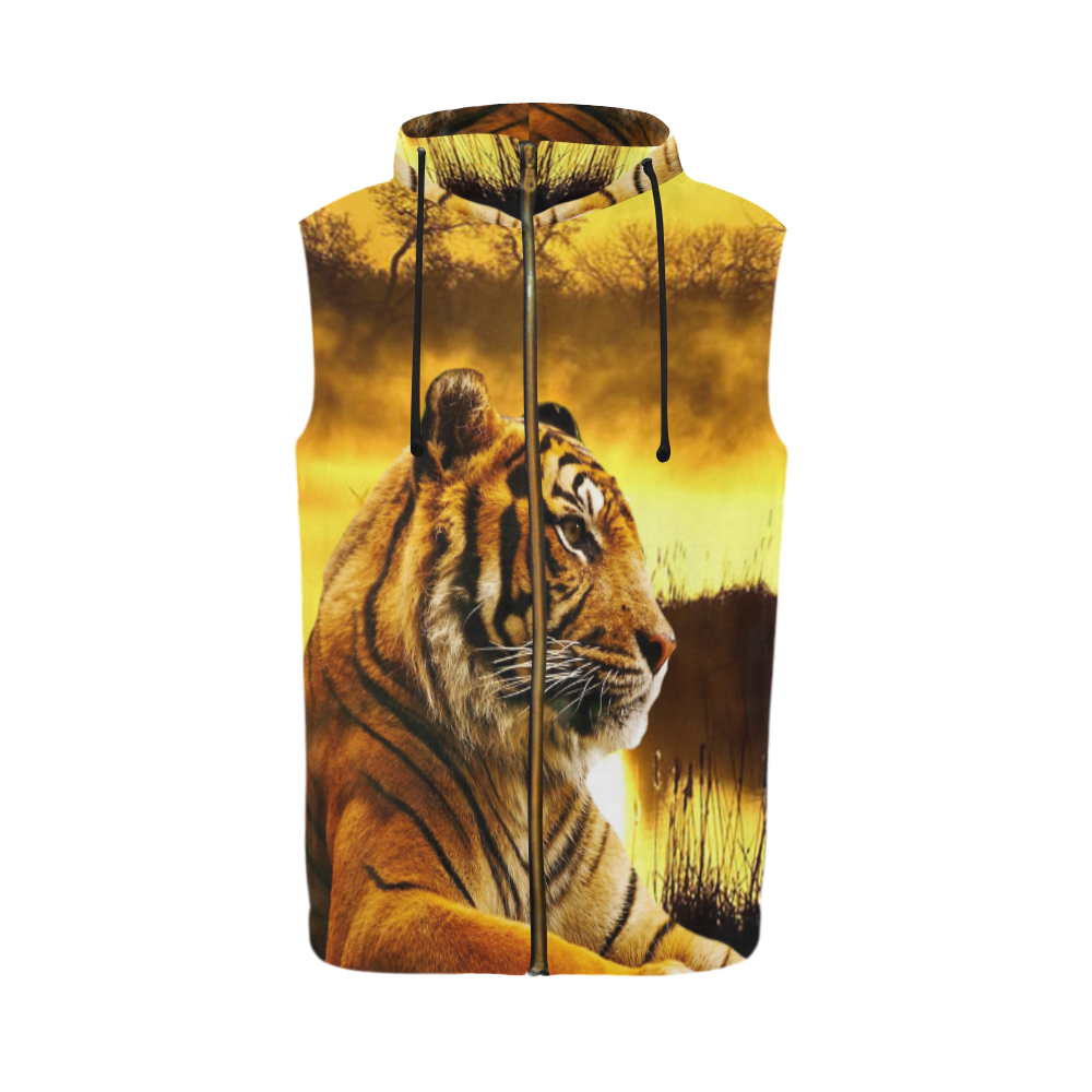 Tiger and Sunset All Over Print Sleeveless Zip Up Hoodie for Men (Model H16)