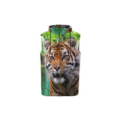Tiger and Waterfall All Over Print Sleeveless Zip Up Hoodie for Kid (Model H16)