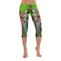 Tiger and Waterfall Women's Low Rise Capri Leggings (Invisible Stitch) (Model L08)