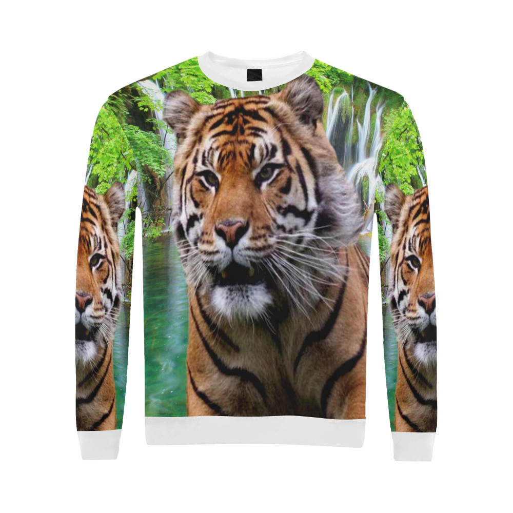 Tiger and Waterfall All Over Print Crewneck Sweatshirt for Men (Model H18)