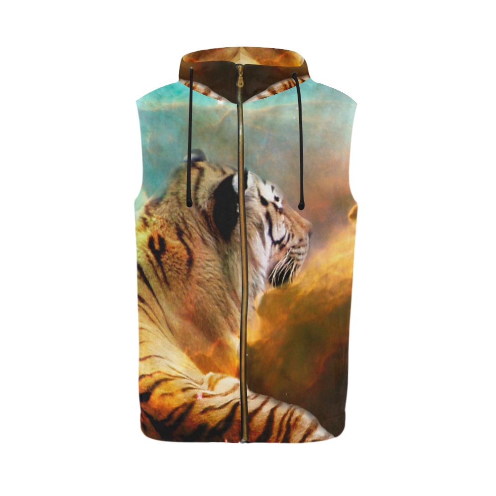 Tiger and Nebula All Over Print Sleeveless Zip Up Hoodie for Men (Model H16)