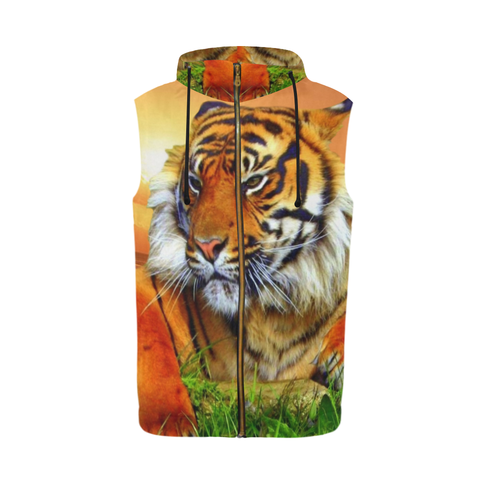 Sumatran Tiger All Over Print Sleeveless Zip Up Hoodie for Men (Model H16)