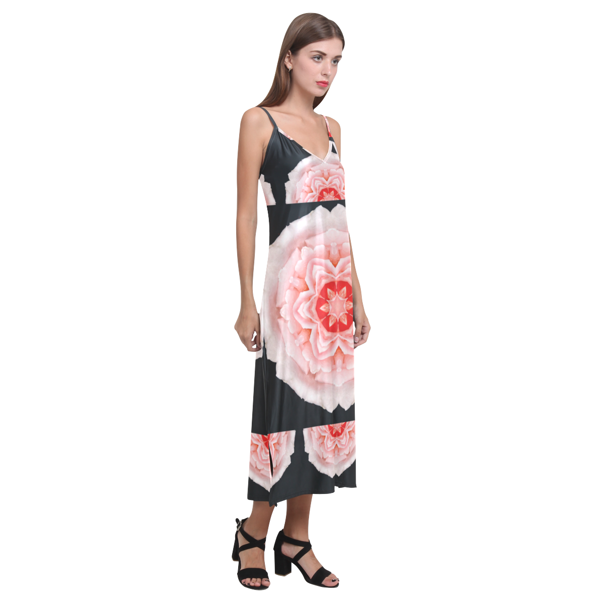 Romantic pink rose square V-Neck Open Fork Long Dress(Model D18)