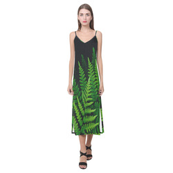 Green ferns V-Neck Open Fork Long Dress(Model D18)