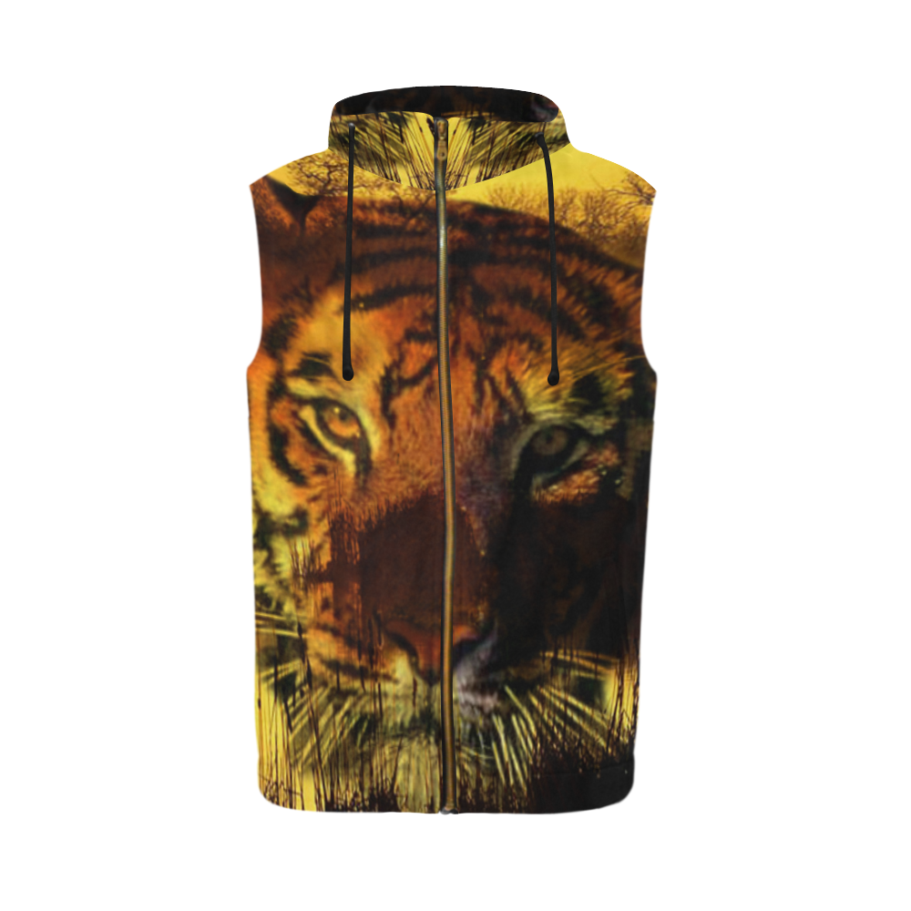 Tiger Face All Over Print Sleeveless Zip Up Hoodie for Men (Model H16)