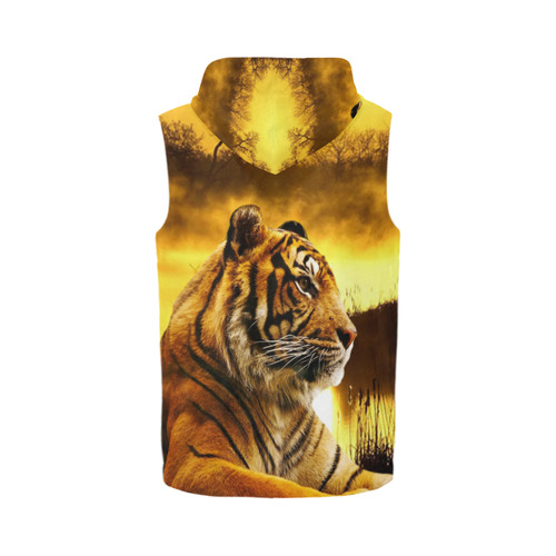 Tiger and Sunset All Over Print Sleeveless Zip Up Hoodie for Men (Model H16)