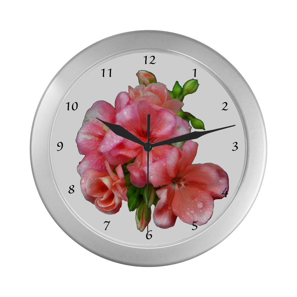pink flowers clock Silver Color Wall Clock