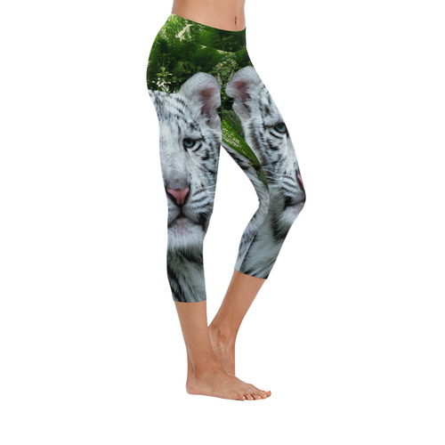 White Tiger Women's Low Rise Capri Leggings (Invisible Stitch) (Model L08)