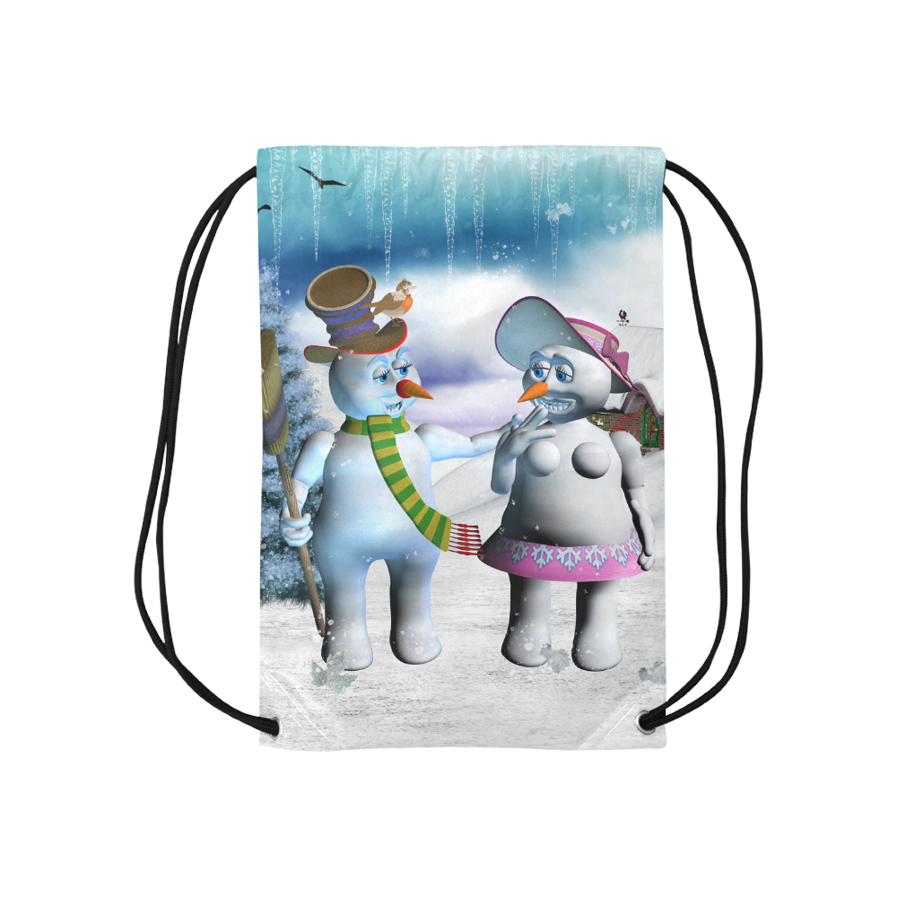 Funny snowman and snow women Small Drawstring Bag Model 1604 (Twin Sides) 11"(W) * 17.7"(H)