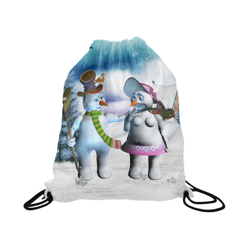 Funny snowman and snow women Large Drawstring Bag Model 1604 (Twin Sides)  16.5"(W) * 19.3"(H)