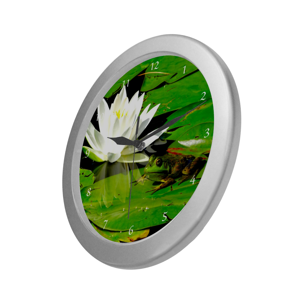 Frog with White Water Lily clock Silver Color Wall Clock