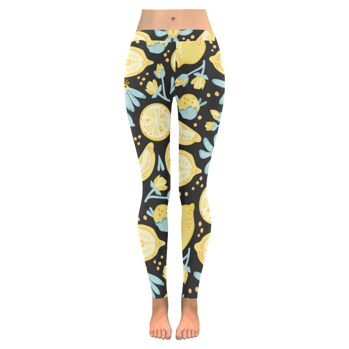 Lemons on Black Women's Low Rise Leggings (Invisible Stitch) (Model L05)