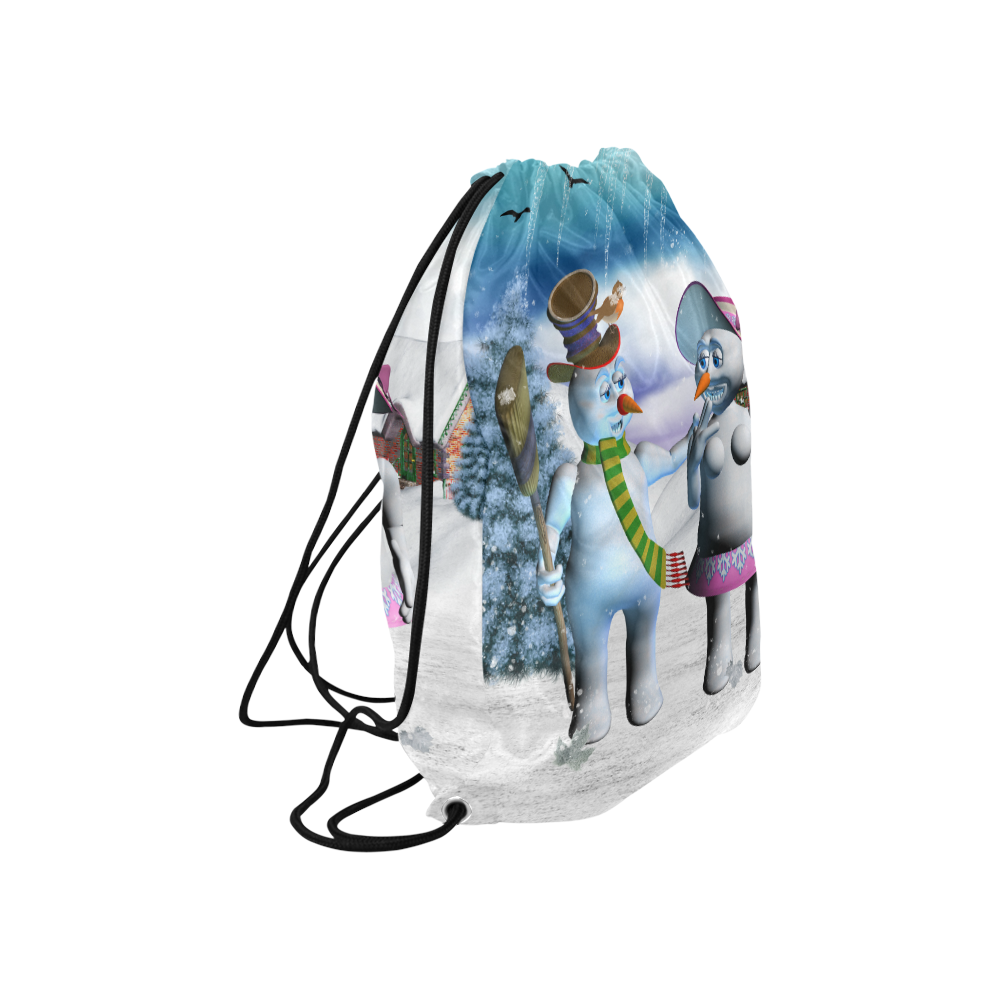 Funny snowman and snow women Large Drawstring Bag Model 1604 (Twin Sides)  16.5"(W) * 19.3"(H)