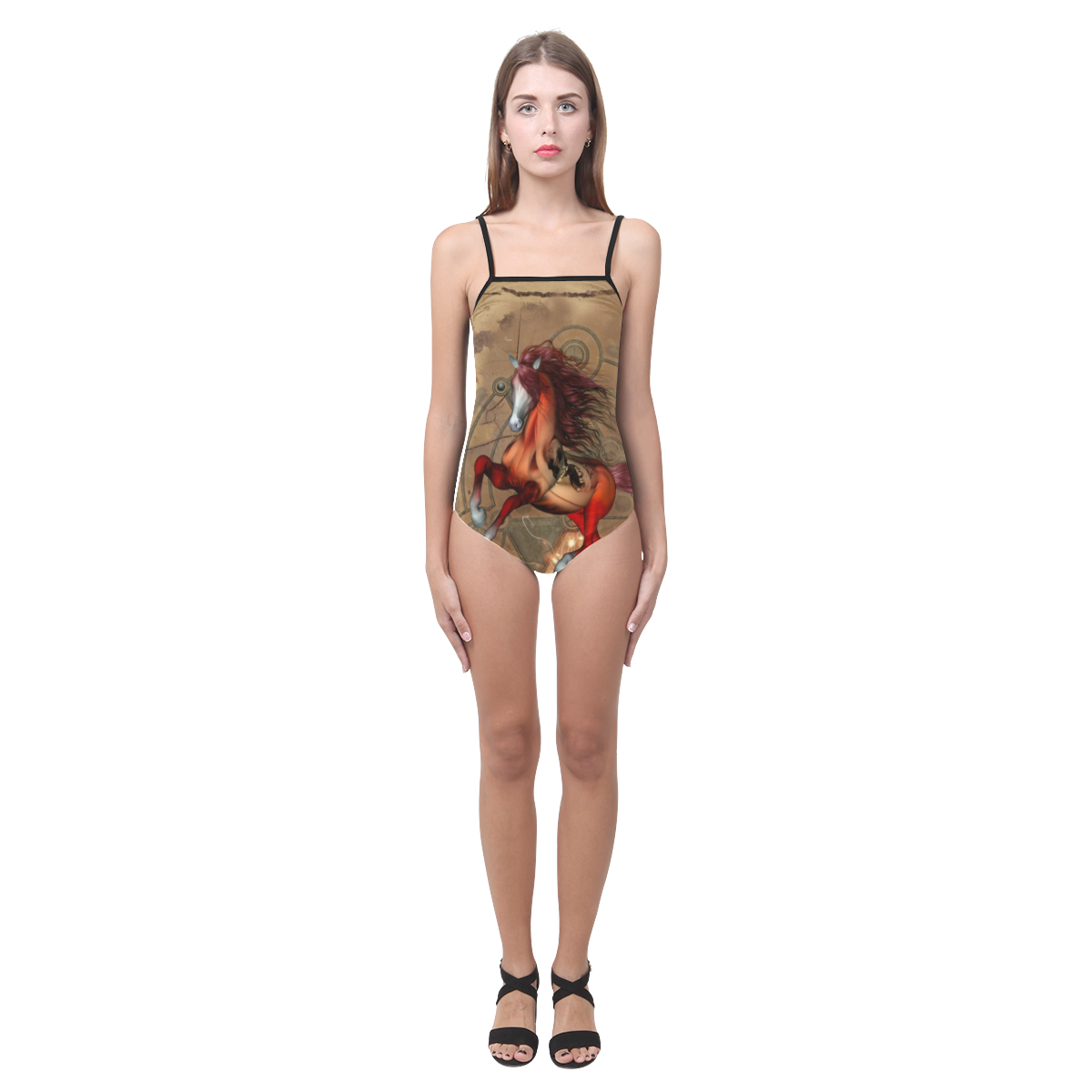 Wonderful horse with skull, red colors Strap Swimsuit ( Model S05)