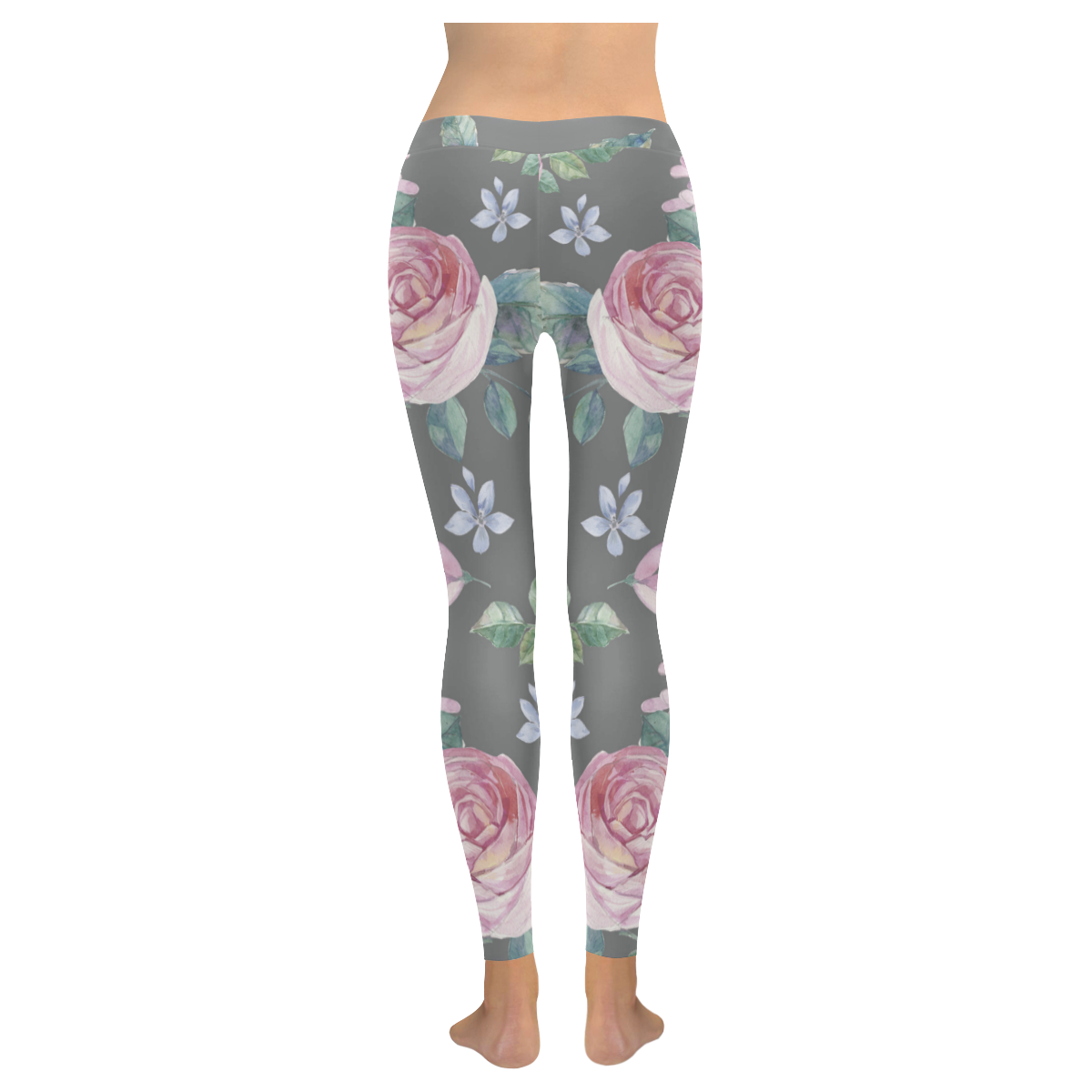 Floral on Grey Women's Low Rise Leggings (Invisible Stitch) (Model L05)