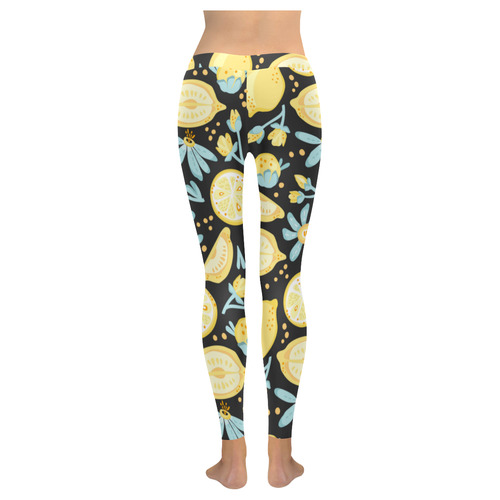 Lemons on Black Women's Low Rise Leggings (Invisible Stitch) (Model L05)