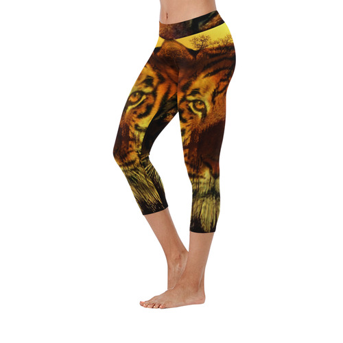 Tiger Face Women's Low Rise Capri Leggings (Invisible Stitch) (Model L08)