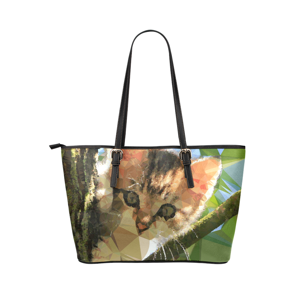 Kitten In Tree Low Poly Triangles Leather Tote Bag/Large (Model 1651)