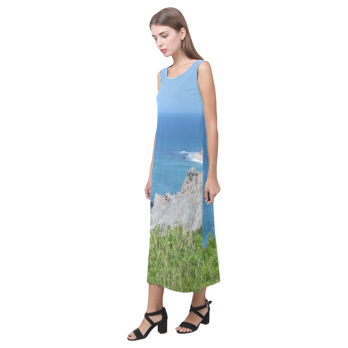 Block Island Bluffs - Block Island, Rhode Island Phaedra Sleeveless Open Fork Long Dress (Model D08)