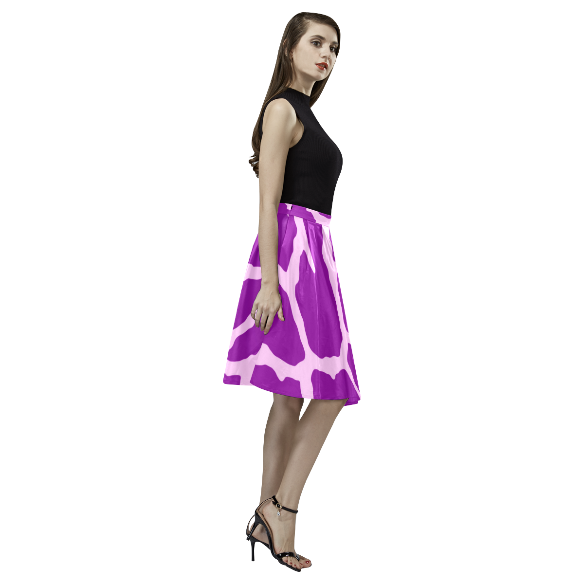 Purple Giraffe Print Melete Pleated Midi Skirt (Model D15)